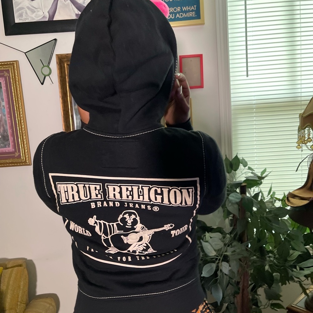 True Religion Black Hoodie with White Logo Back Graphic